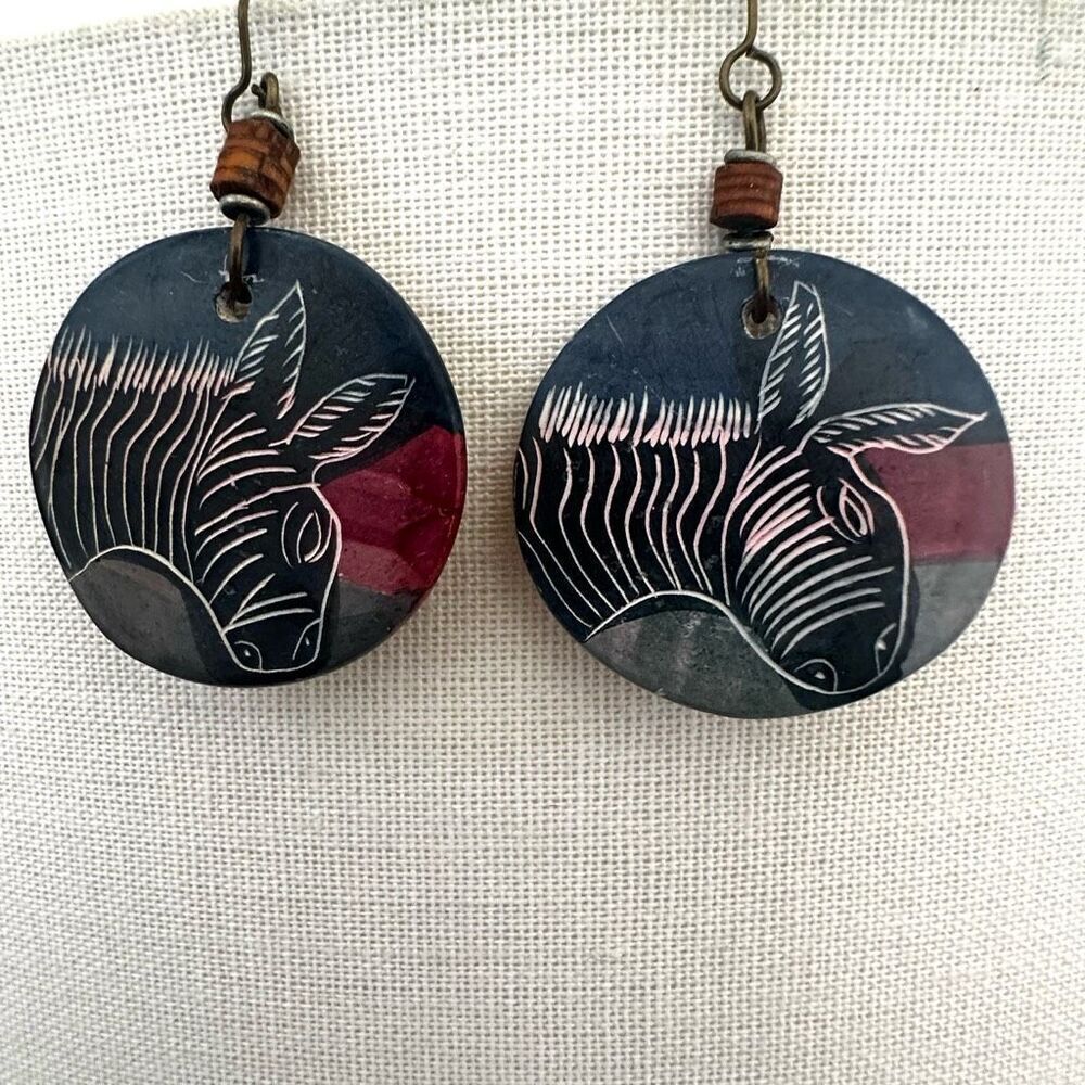 Hand-Carved Zebra Earrings – Bold Artisan Dangle Earrings with Rolled Bead Detai